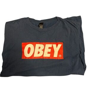 Obey Men's Dark Blue Tee with Red Graphic